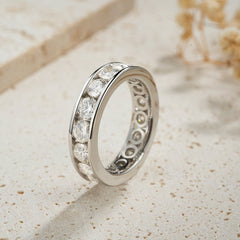 Glojewels Eternity Bezel Setting White Sapphire Moissanite Round Cut Silver Band Ring
