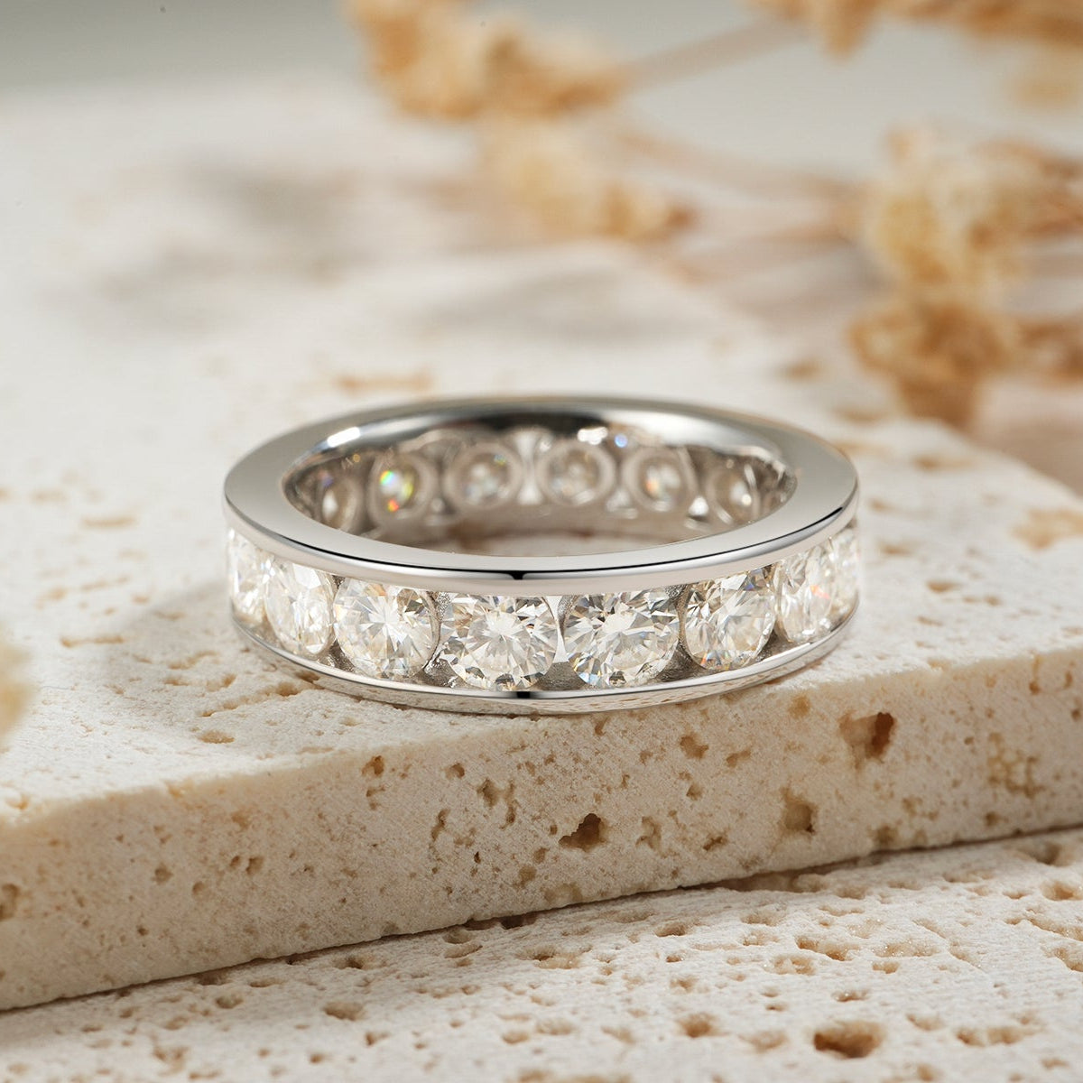 Glojewels Eternity Bezel Setting White Sapphire Moissanite Round Cut Silver Band Ring