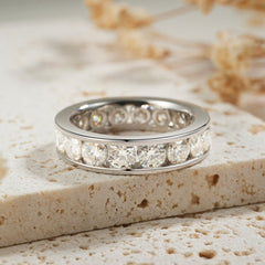 Glojewels Eternity Bezel Setting White Sapphire Moissanite Round Cut Silver Band Ring