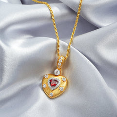 Glojewels Gold Eternal Love Halo Natural Garnet Heart Cut Silver Pendant Necklace