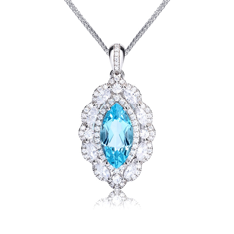 Glojewels Radiant Halo Blue Natural Topaz Marquise Cut Silver Pendant Necklace