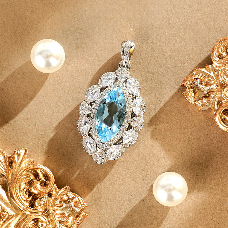 Glojewels Radiant Halo Blue Natural Topaz Marquise Cut Silver Pendant Necklace