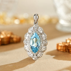 Glojewels Radiant Halo Blue Natural Topaz Marquise Cut Silver Pendant Necklace