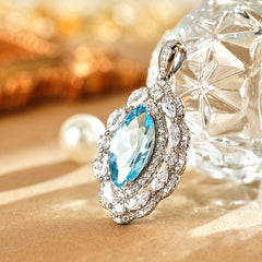 Glojewels Radiant Halo Blue Natural Topaz Marquise Cut Silver Pendant Necklace