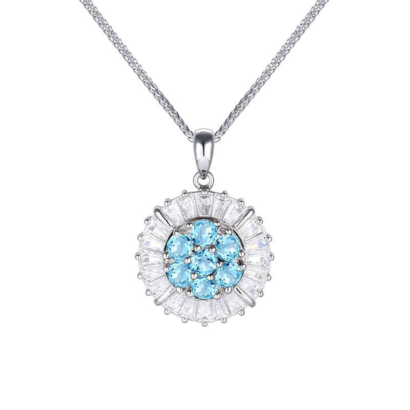 Glojewels Unique Floral Motif Blue Natural Topaz Round Cut Silver Pendant Necklace