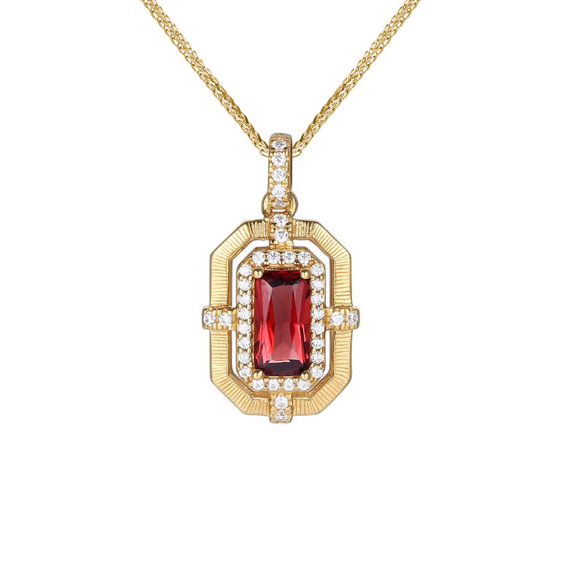 Glojewels Gold Vintage Halo Natural Garnet Emerald Cut Silver Pendant Necklace