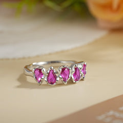 Glojewels Half Eternity Five-Stone Natural Ruby Pear Cut Silver Band Ring