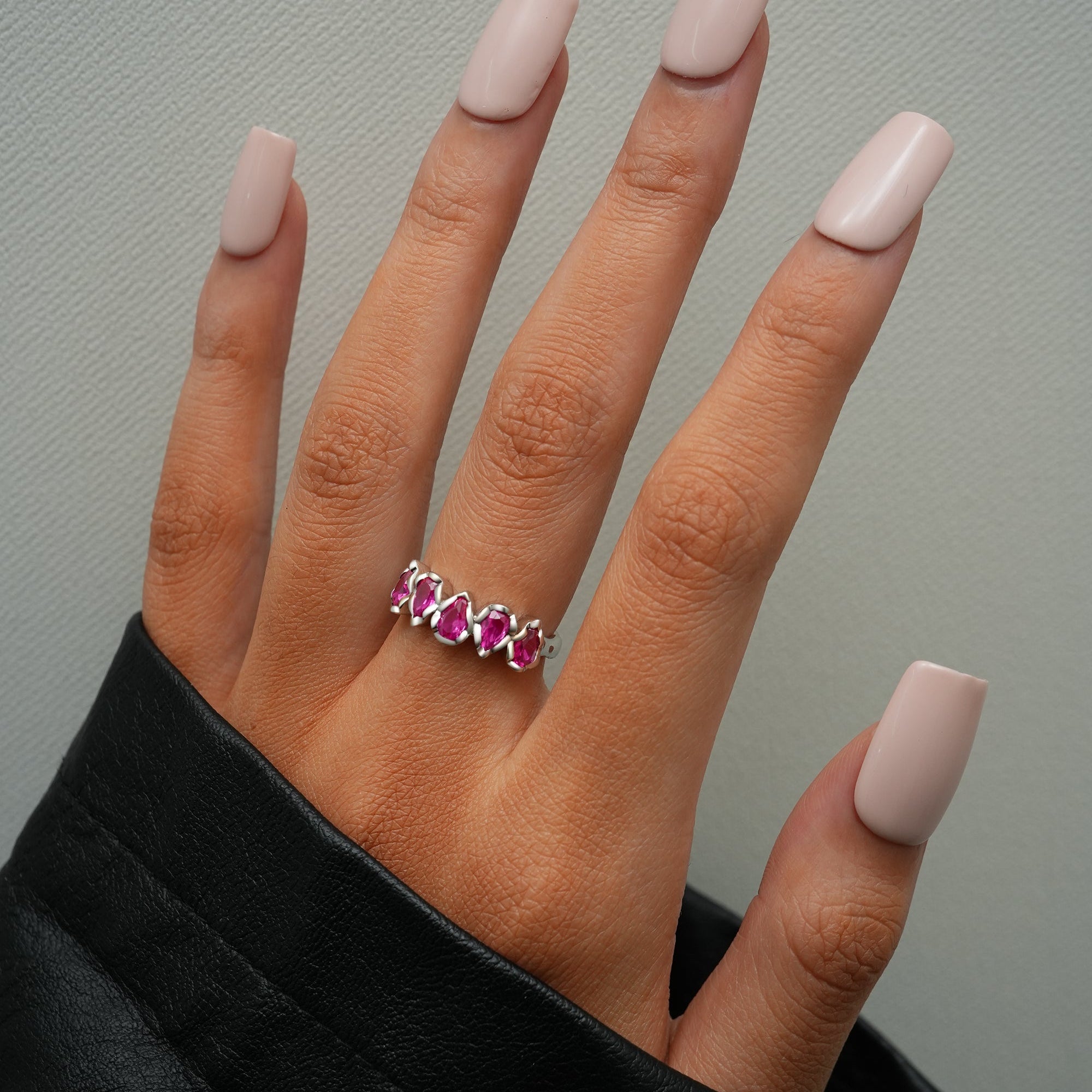 Glojewels Half Eternity Five-Stone Natural Ruby Pear Cut Silver Band Ring
