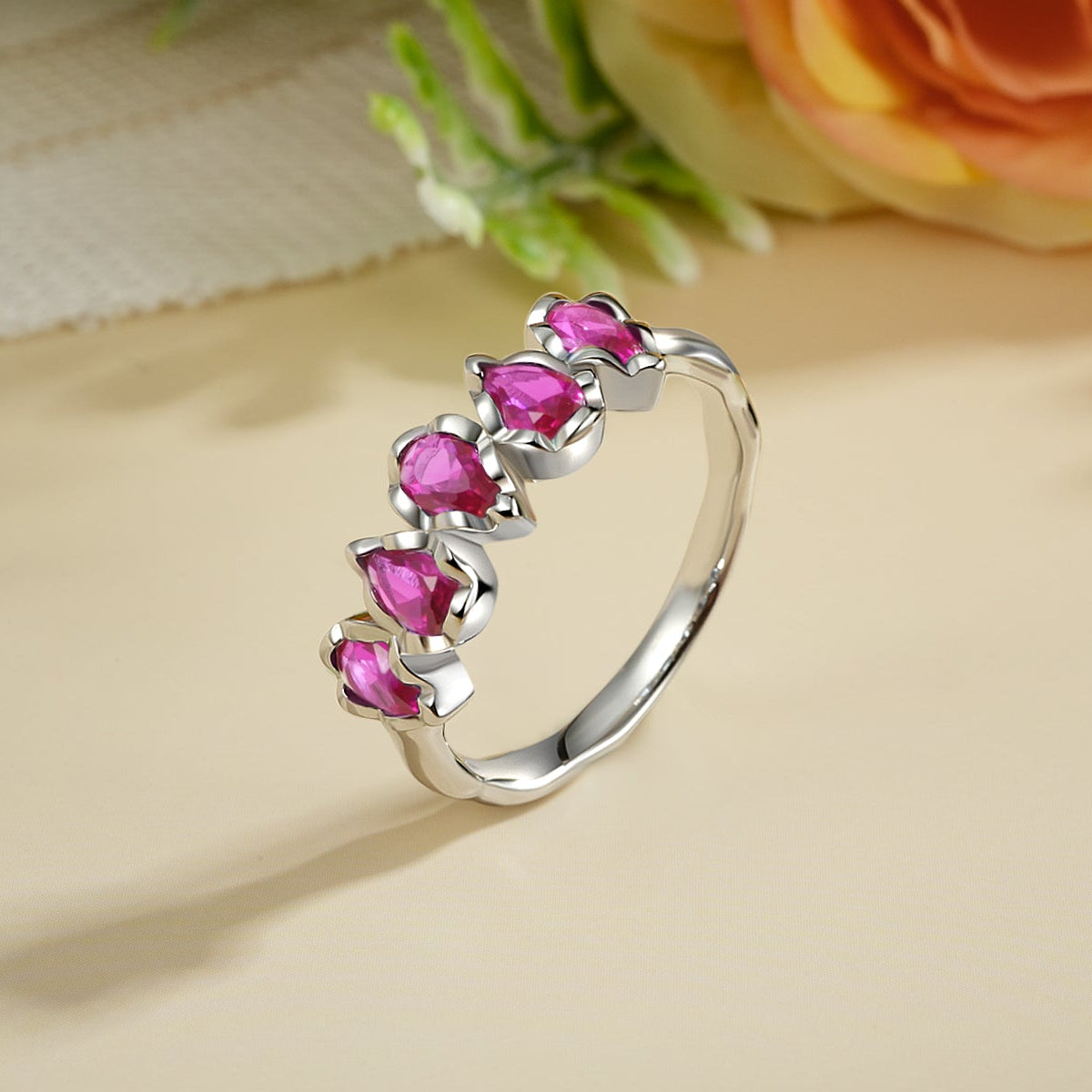 Glojewels Half Eternity Five-Stone Natural Ruby Pear Cut Silver Band Ring