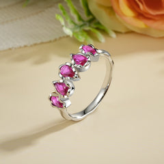 Glojewels Half Eternity Five-Stone Natural Ruby Pear Cut Silver Band Ring