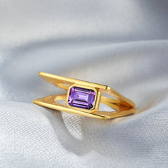 Glojewels Gold Geometric Trendy Chic Design Natural Amethyst Emerald Cut Silver Ring