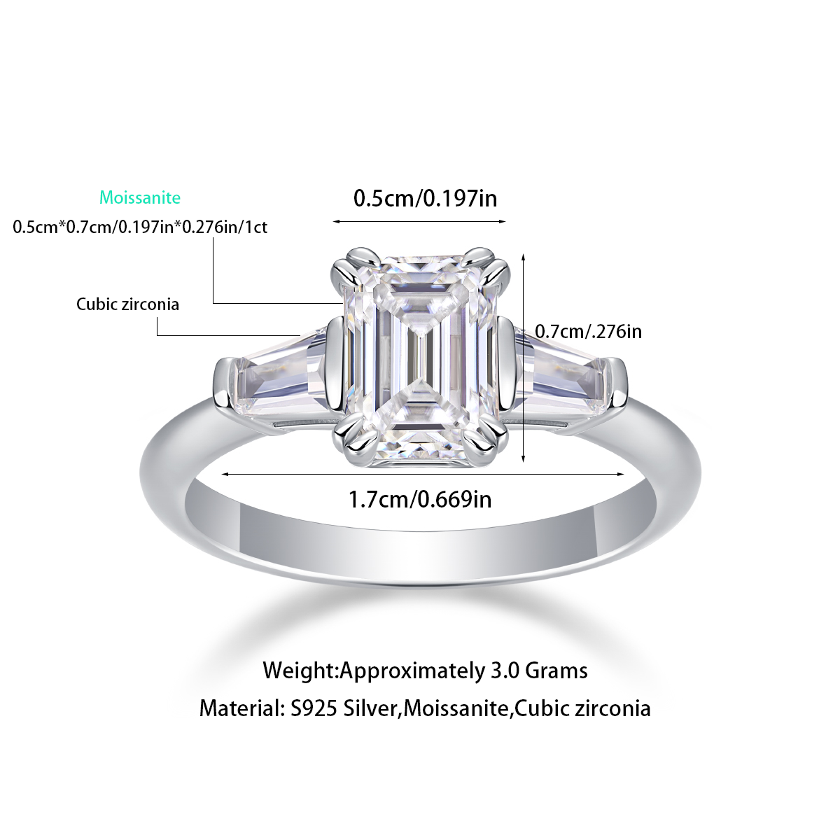 Glojewels Three Stone Simple White Sapphire 1ct Moissanite Emerald Cut Silver Ring