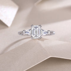 Glojewels Three Stone Simple White Sapphire 1ct Moissanite Emerald Cut Silver Ring