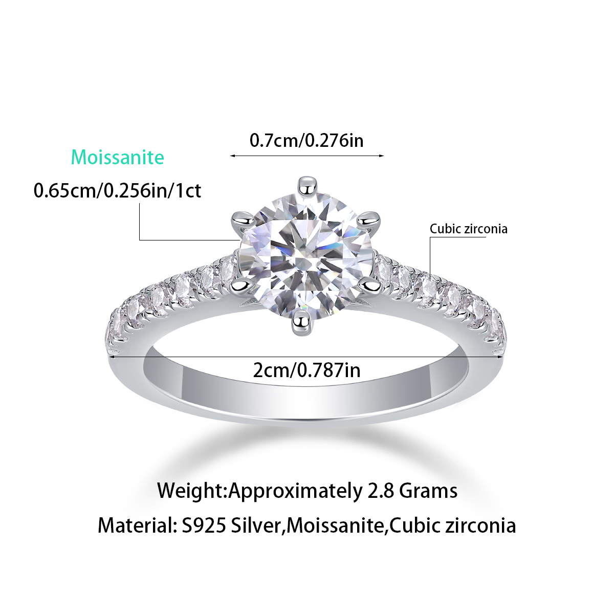 Glojewels Petite White Sapphire 1ct Moissanite Round Cut Silver Ring