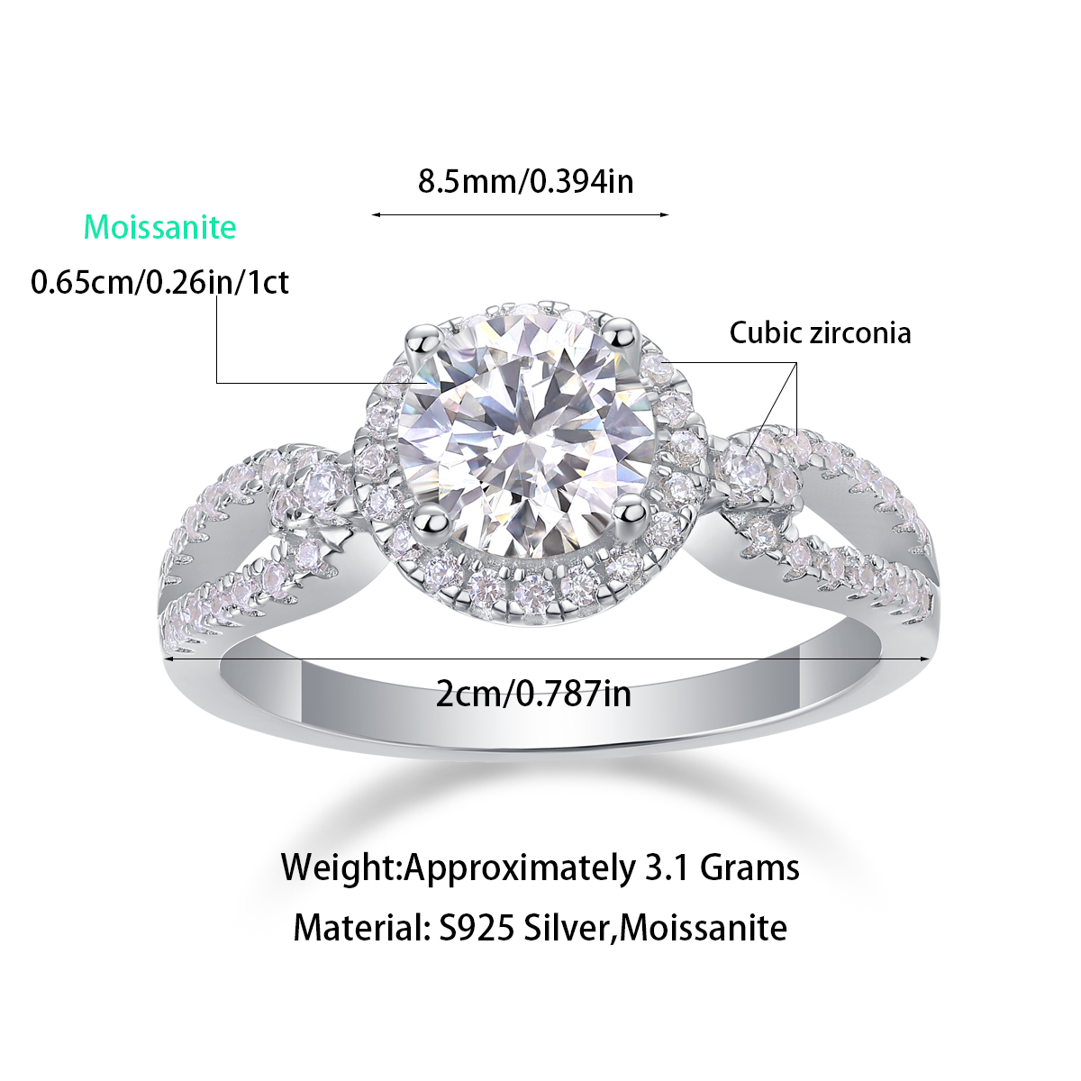 Glojewels Knot Design White Sapphire 1ct Moissanite Round Cut Silver Ring