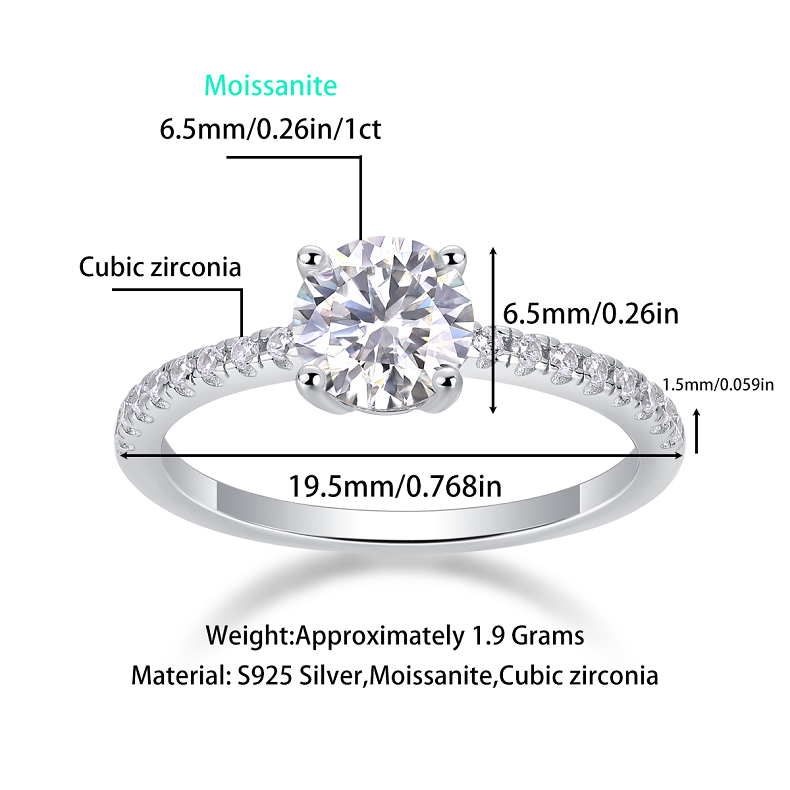 Glojewels Simple White Sapphire 1ct Moissanite Round Cut Silver Ring