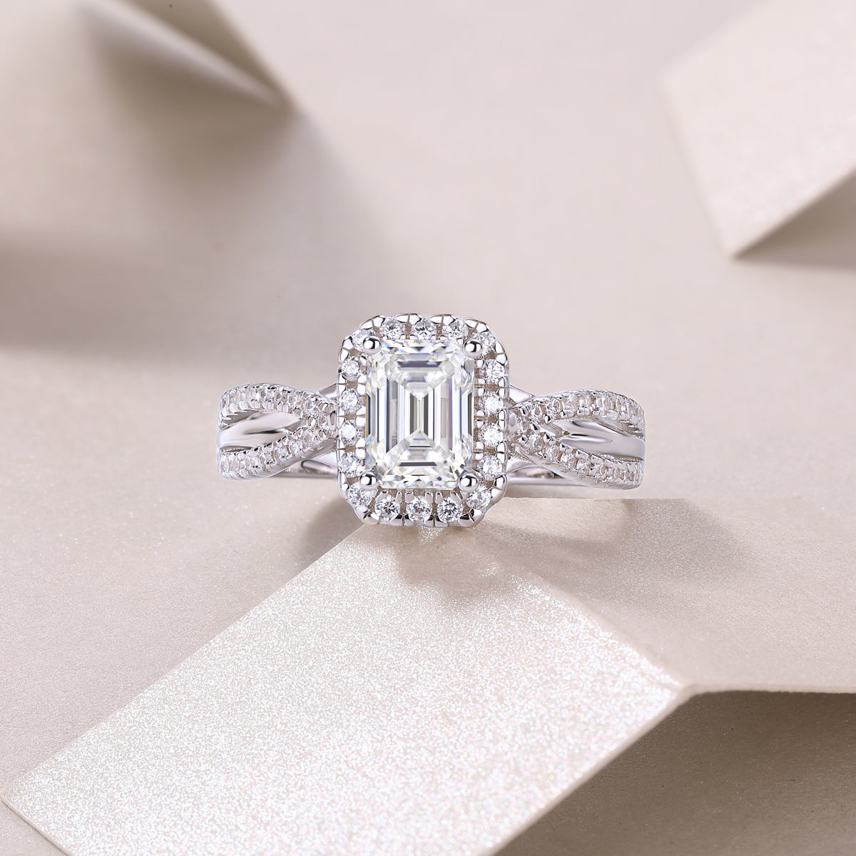 Glojewels Contoured White Sapphire 1ct Moissanite Emerald Cut Silver Ring