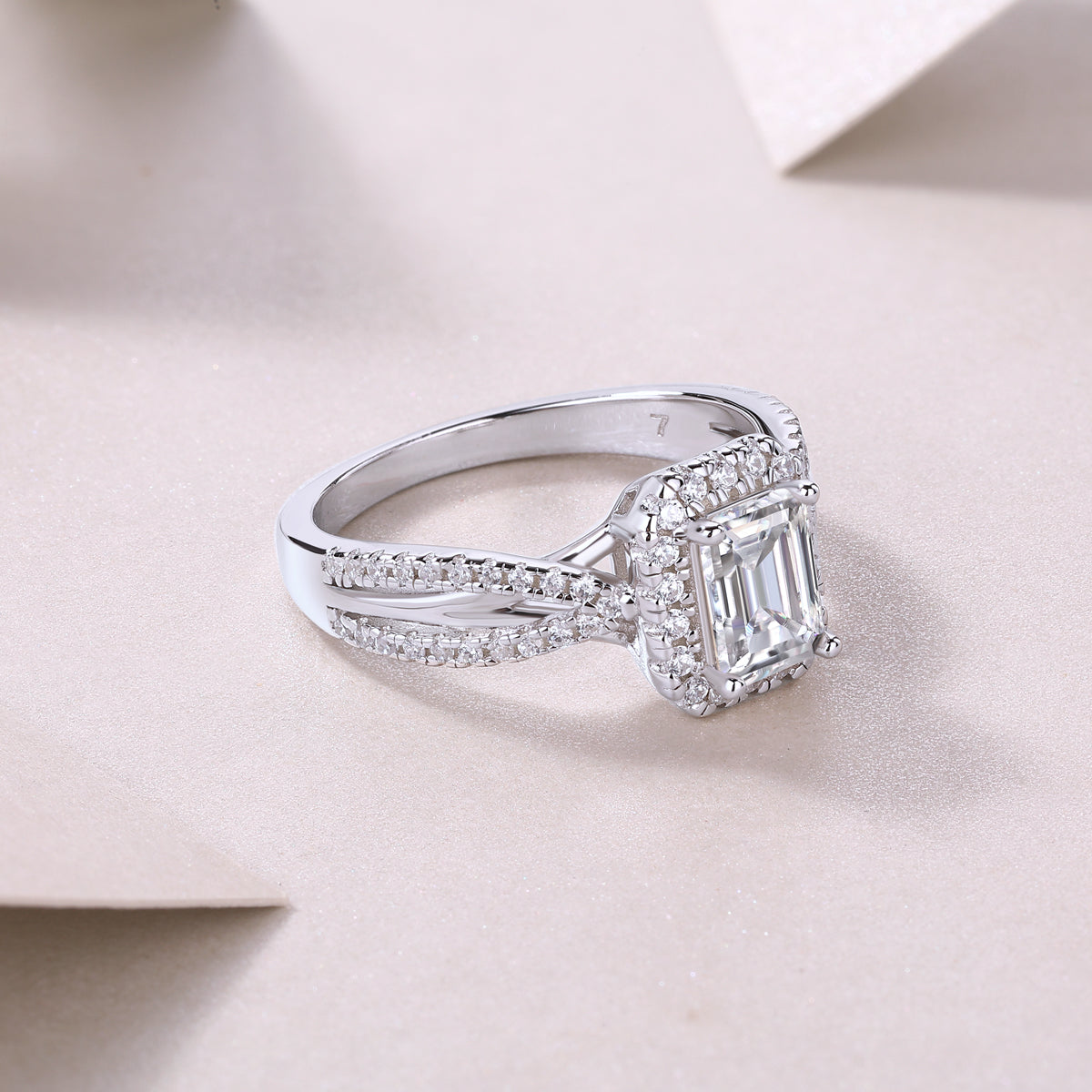 Glojewels Contoured White Sapphire 1ct Moissanite Emerald Cut Silver Ring