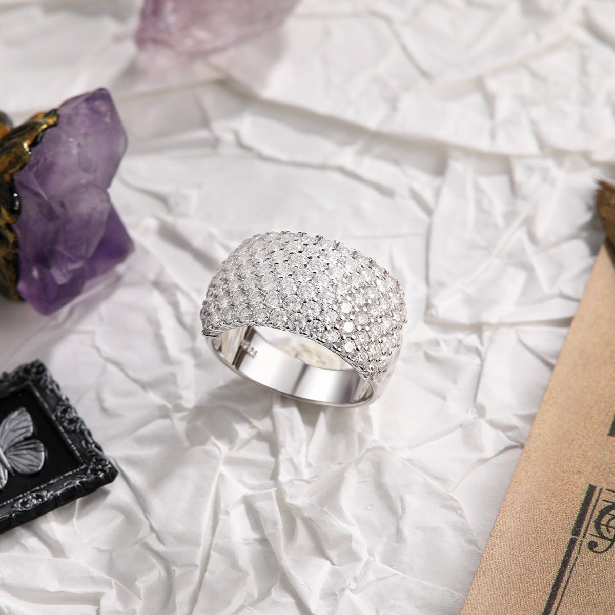 Glojewels Starburst Wide Pav¨¦ Setting White Sapphire Moissanite Round Cut Silver Band Ring