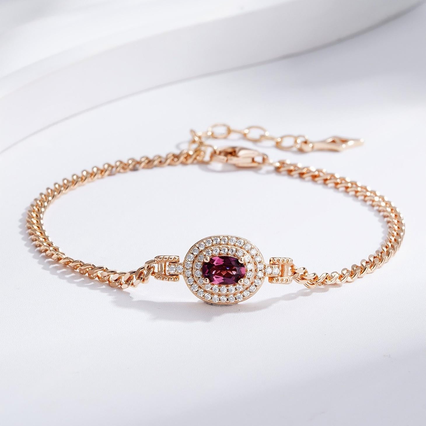 Glojewels Champagne Gold Double Halo Natural Garnet Oval Cut Silver Bracelet