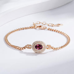 Glojewels Champagne Gold Double Halo Natural Garnet Oval Cut Silver Bracelet