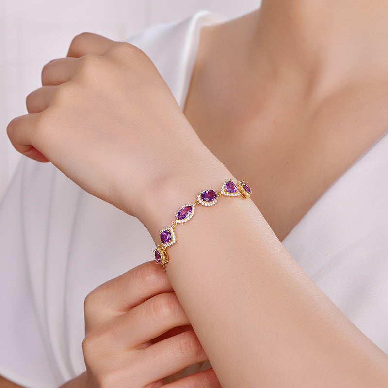 Glojewels Gold Halo Irregular Natural Amethyst Silver Bracelet