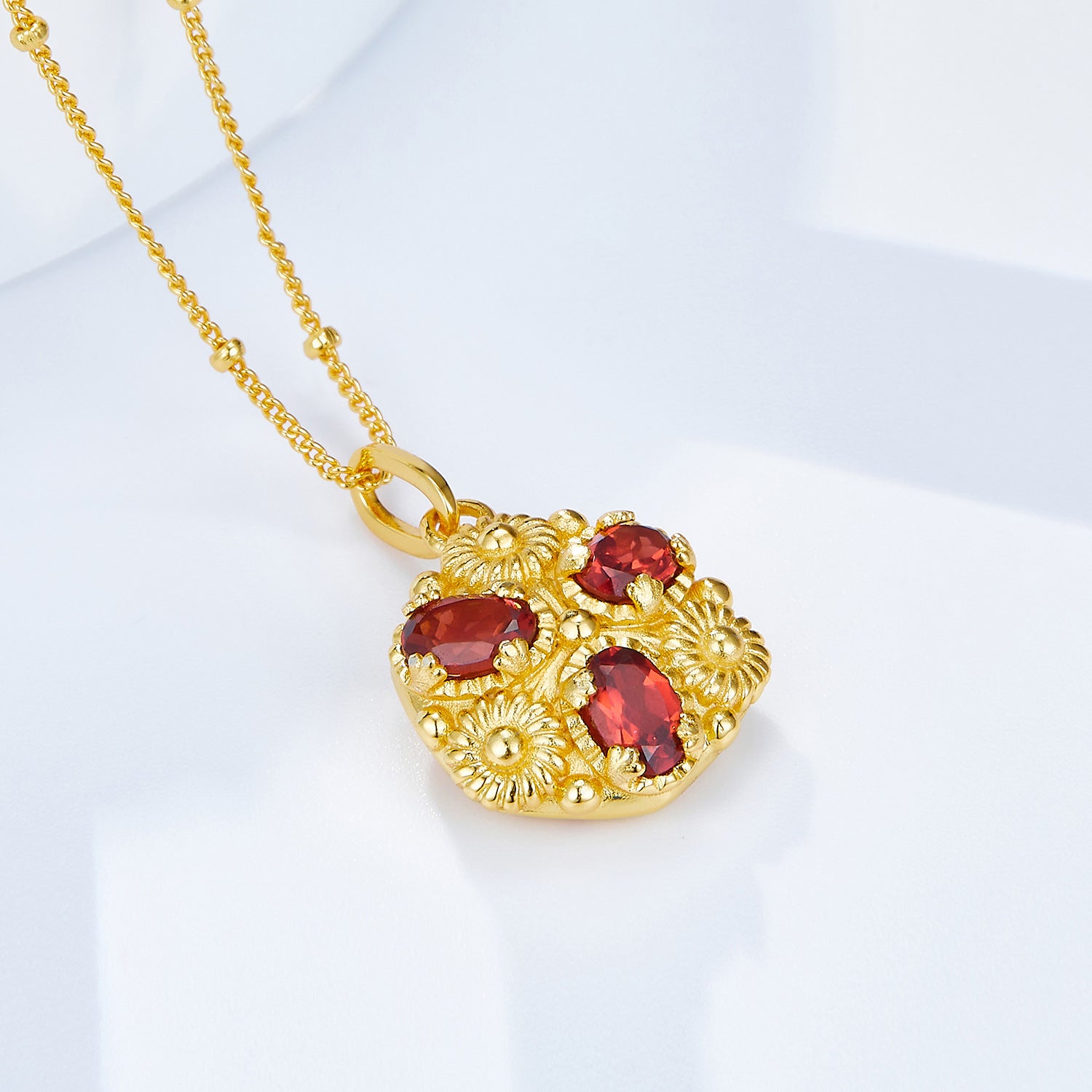 Glojewels Gold Flower Natural Garnet Oval Cut Silver Pendant Beaded Chain Necklace