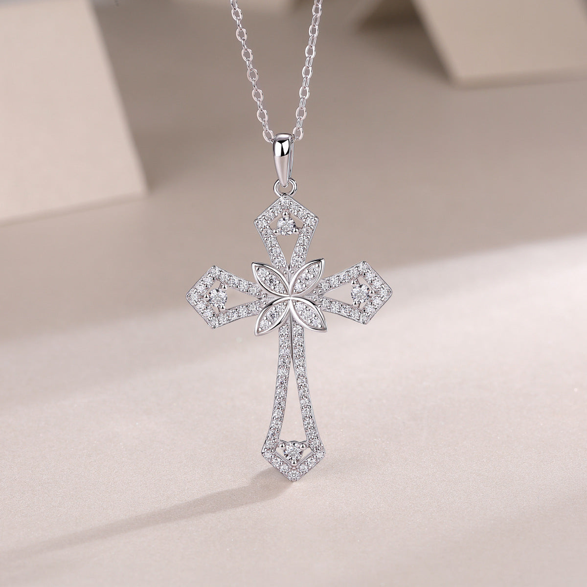Glojewels Vintage White Round Cut Moissanite Cross Pendant Necklace