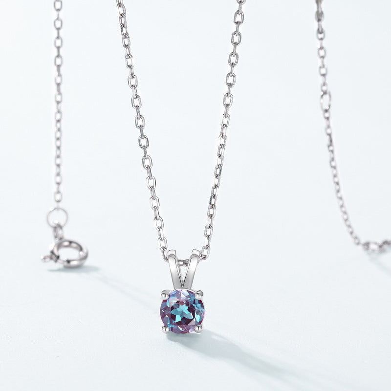 Glojewels Classical Simple Alexandrite Round Cut Silver Pendant Necklace