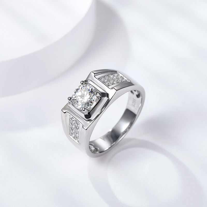 Glojewels Half 2 Rows 1ct White Moissanite Round Cut Silver Men's Ring
