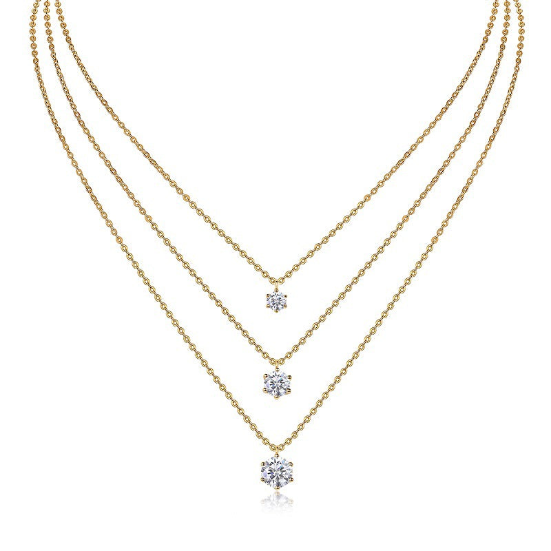 Glojewels Gold Classical 6-Claw 3.5ctw White Moissanite Round Cut Silver Layered Necklace