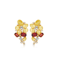 Glojewels Gold Flower Cluster Design Natural Garnet Oval Cut Silver Stud Earring