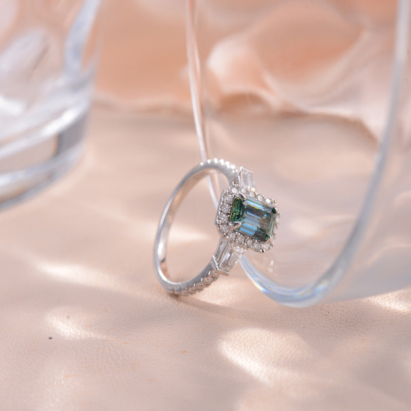 Glojewels Three Stone Halo 1ct Blue-green Moissanite Emerald Cut Silver Ring