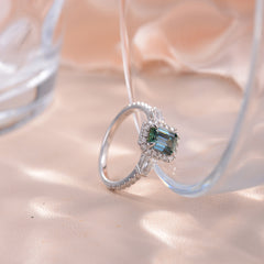 Glojewels Three Stone Halo 1ct Blue-green Moissanite Emerald Cut Silver Ring