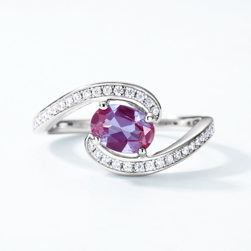 Glojewels Bypass Classical Alexandrite Oval Cut Silver Ring