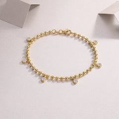Glojewels Gold Bead White Moissanite Round Cut Silver Chain Bracelet