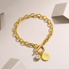 Glojewels Gold Round Tag 1ct White Moissanite Round Cut Silver Chain Bracelet