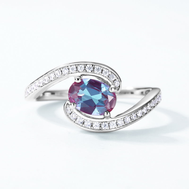 Glojewels Bypass Classical Alexandrite Oval Cut Silver Ring