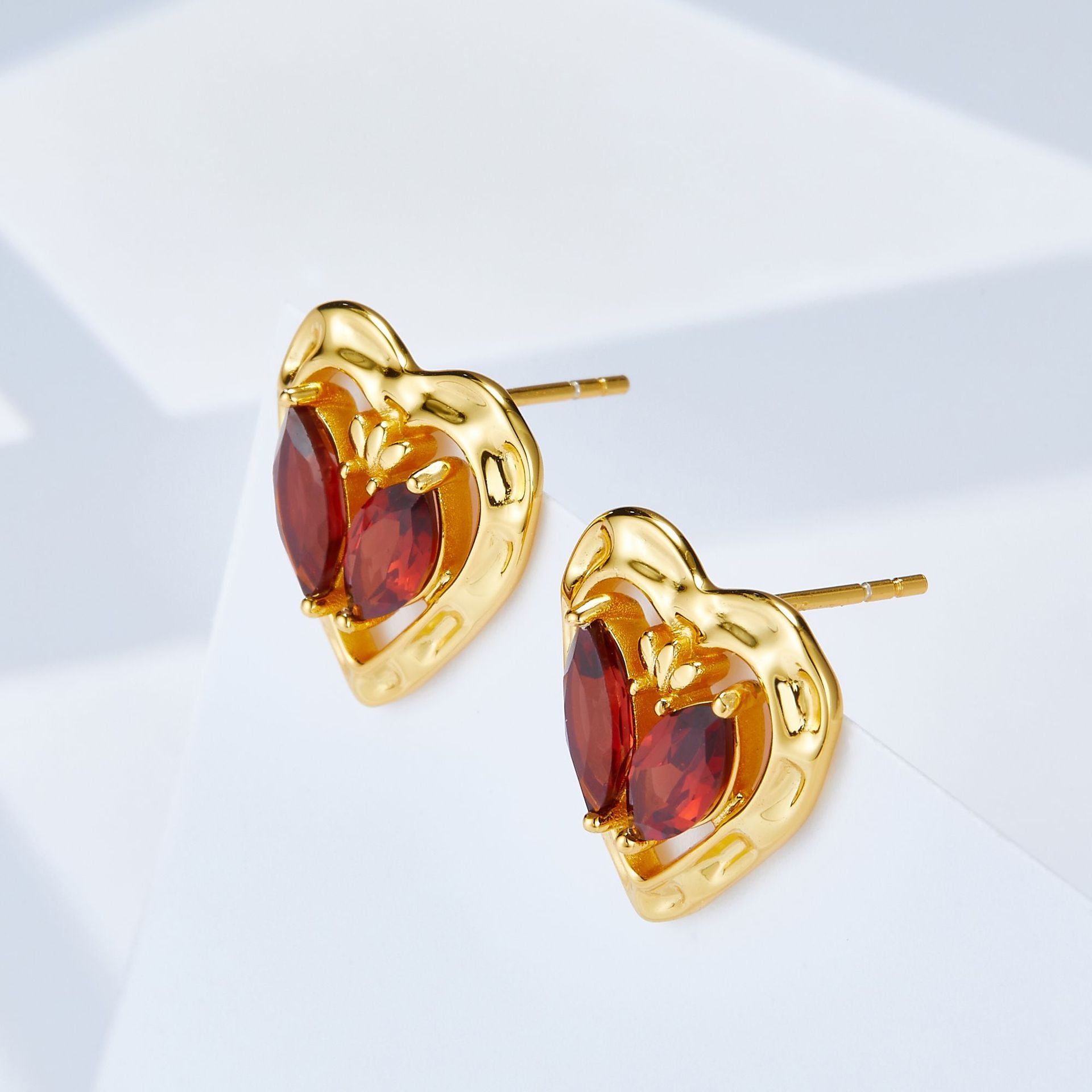 Glojewels Gold Heart Natural Garnet Marquise Cut Silver Stud Earring