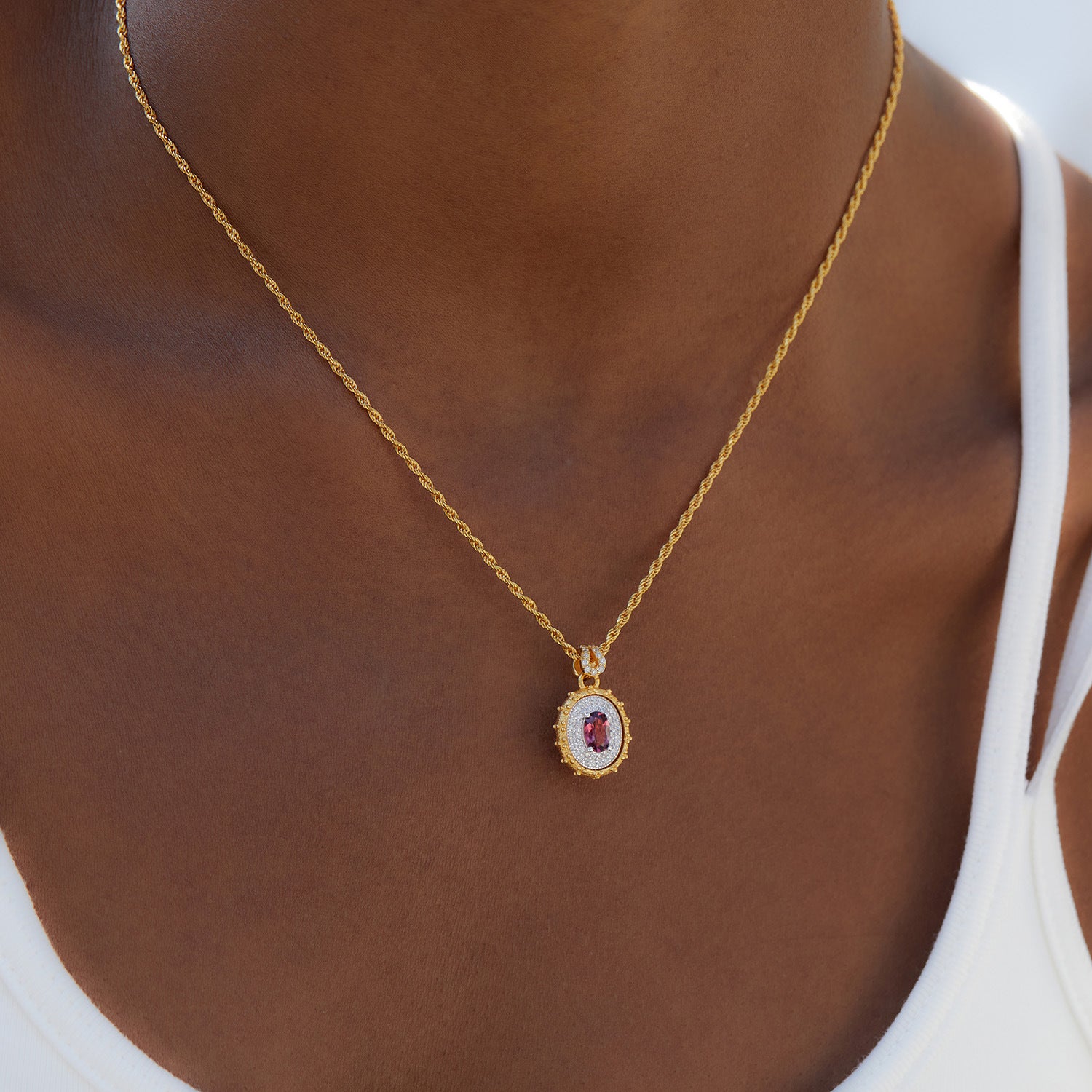 Glojewels Gold Retro Halo Natural Garnet Oval Cut Silver Twist Chain Pendant Necklace