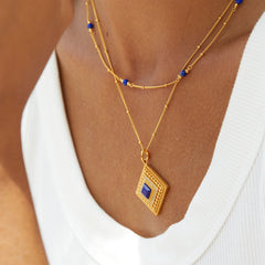 Glojewels Gold Halo Hollow Design Natural Lapis Lazuli Princess Cut Silver Pendant Necklace
