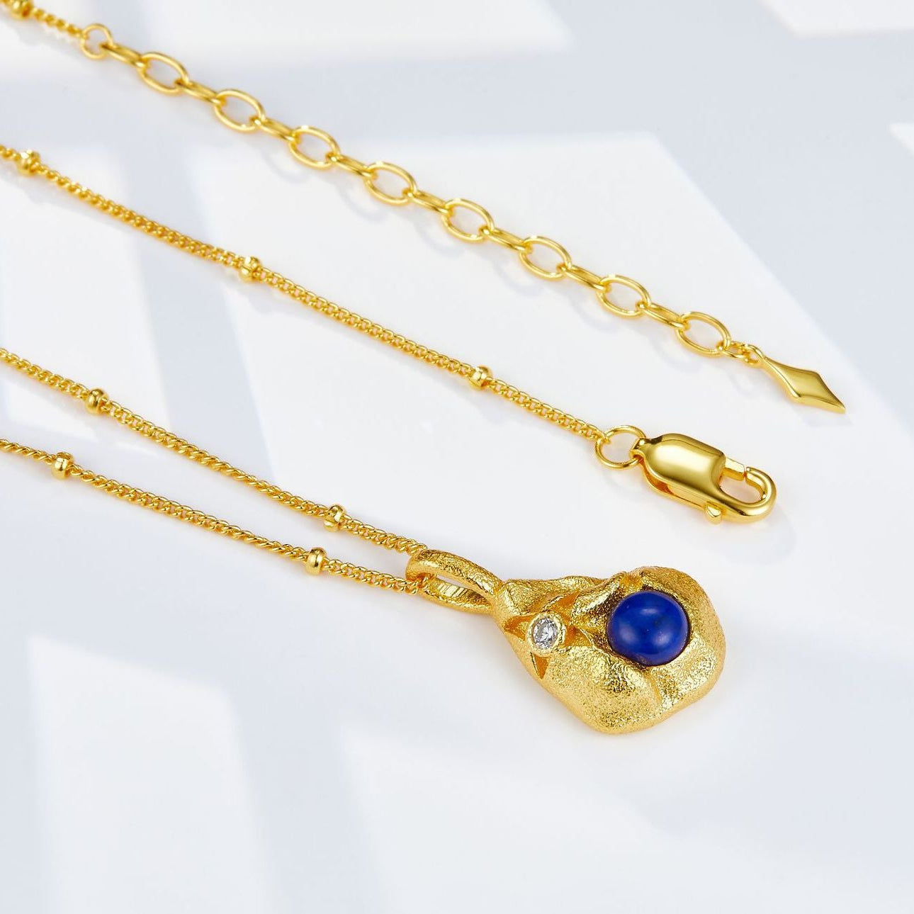 Glojewels Gold Art Deco Natural Lapis Lazuli Round Cut Silver Pendant Necklace