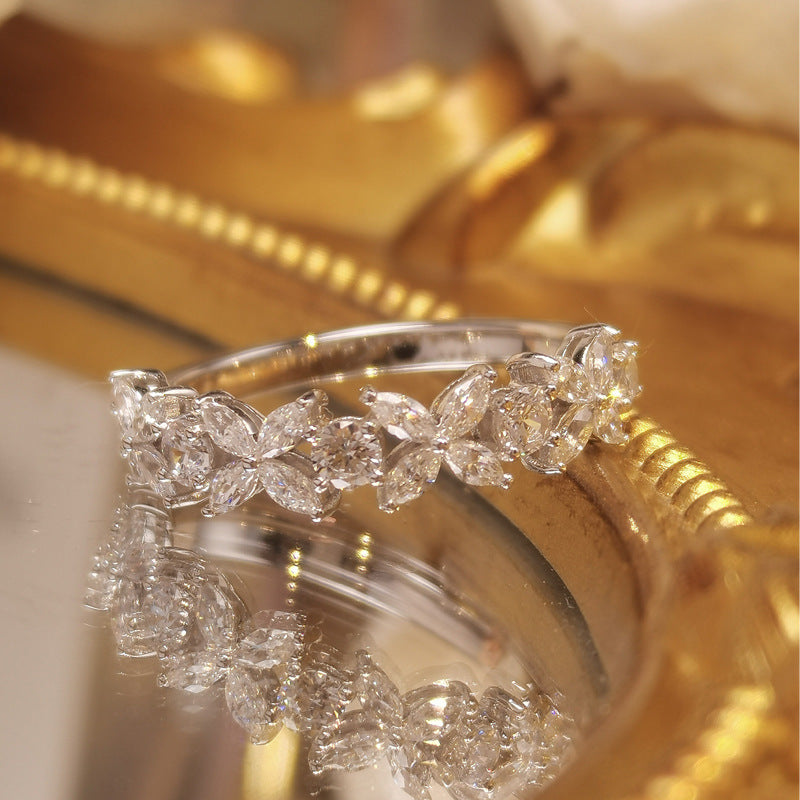 Glojewels Lucky Clover Half Eternity White Moissanite Marquise&Round Cut Silver Band Ring
