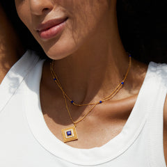 Glojewels Gold Halo Hollow Design Natural Lapis Lazuli Princess Cut Silver Pendant Necklace
