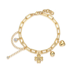 Glojewels Gold Adjustable Heart Clover White Moissanite Round Cut Silver Chain Bracelet