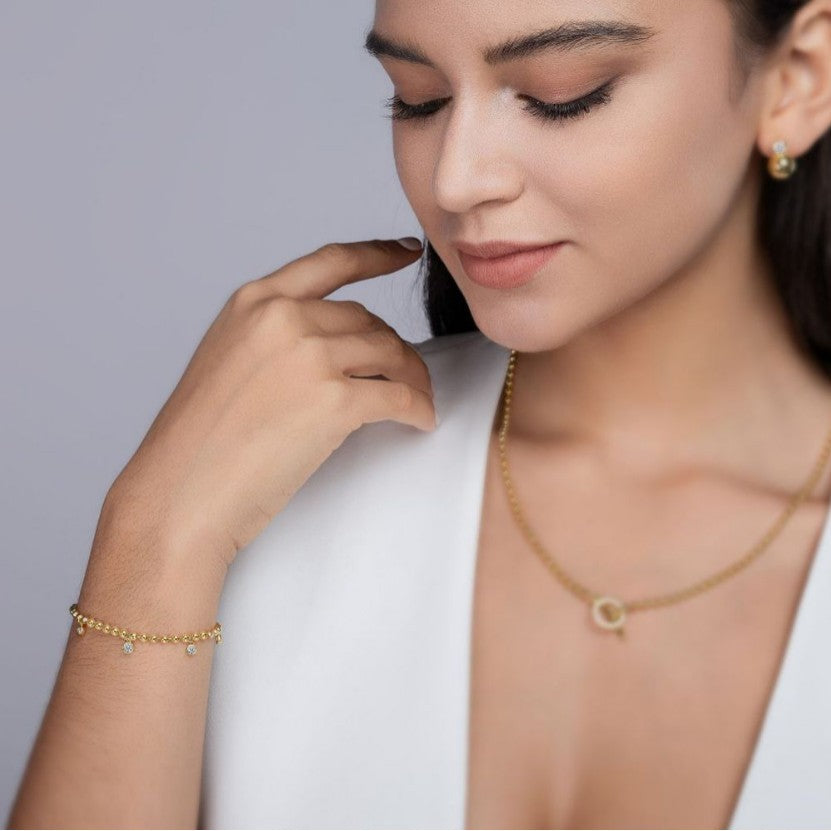 Glojewels Gold Bead White Moissanite Round Cut Silver Chain Bracelet