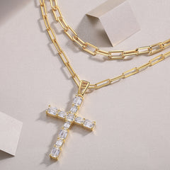 Glojewels Gold Tone Crossover Layer Stacked Round Cut Moissanite Pendant Necklace