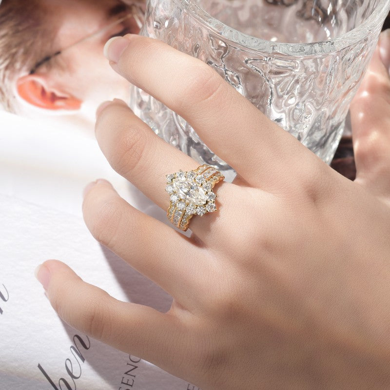 Glojewels Gold Halo 2ct White Moissanite Marquise Cut Silver Ring