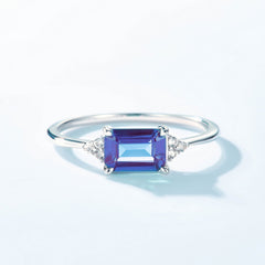 Glojewels Three Stone Alexandrite Emerald Cut Silver Ring