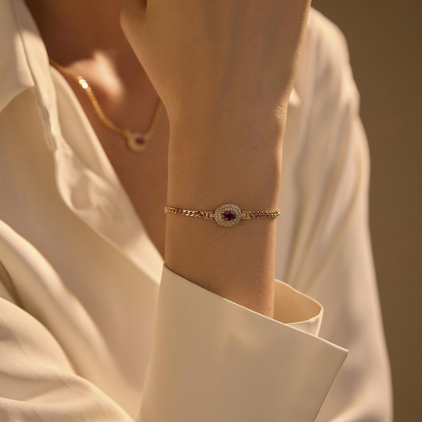 Glojewels Champagne Gold Double Halo Natural Garnet Oval Cut Silver Bracelet